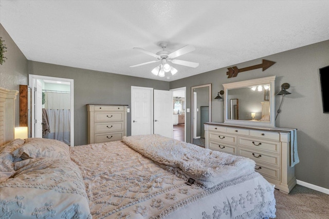 bedroom with a ceiling fan, baseboards, and light colored carpet