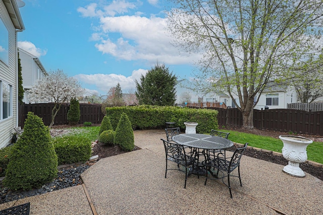 view of patio with outdoor dining space and a fenced backyard