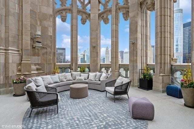 lobby with a city view