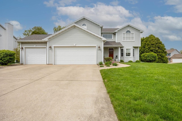 view of front facade featuring a front lawn, concrete driveway, roof with shingles, and an attached garage
