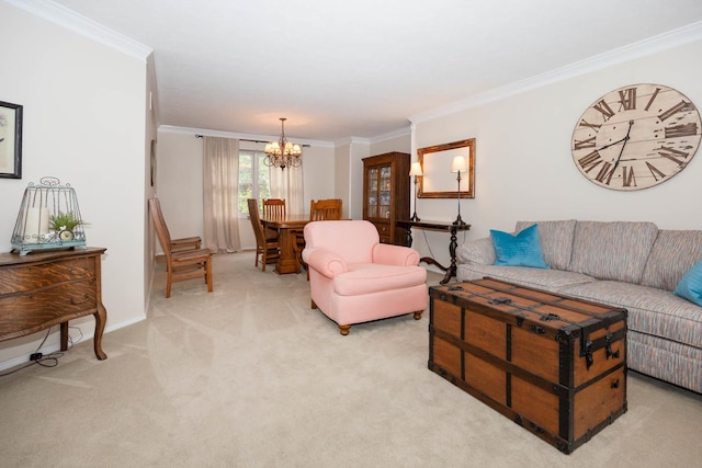 living area featuring light colored carpet, an inviting chandelier, and crown molding