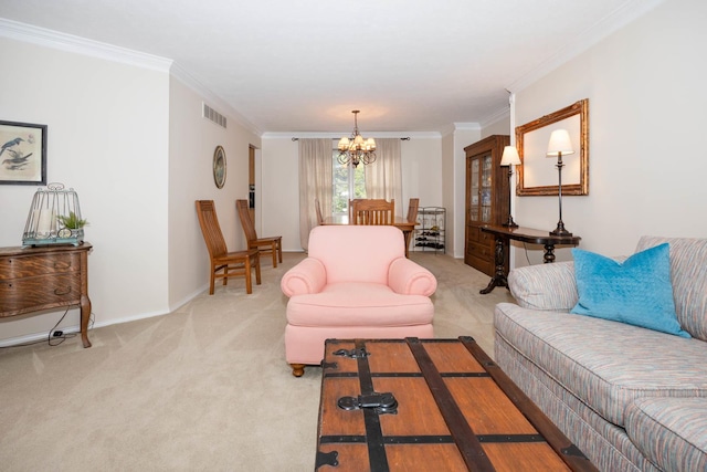 living area featuring ornamental molding, baseboards, visible vents, light carpet, and a notable chandelier