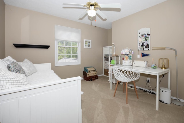 bedroom with light carpet, baseboards, and ceiling fan