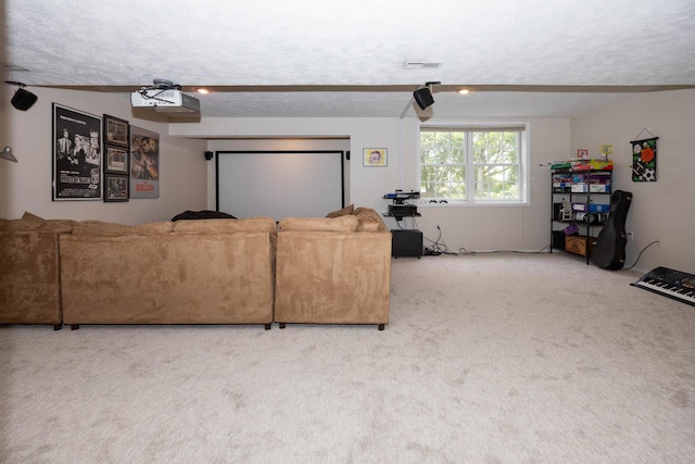carpeted living room with visible vents and a textured ceiling