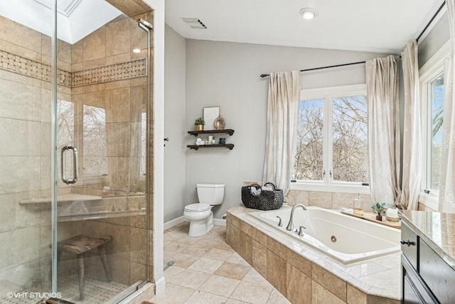 full bathroom featuring toilet, a whirlpool tub, baseboards, a shower stall, and vaulted ceiling