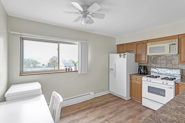 680 Marilyn Ave Unit 201, Glendale Heights, IL 60139 - kitchen with white appliances, light wood-type flooring, backsplash, brown cabinets, and ceiling fan