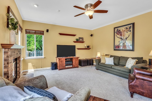 7817 Cascade Way, Gurnee, IL 60031 - living room featuring ceiling fan, crown molding, a fireplace, and carpet floors