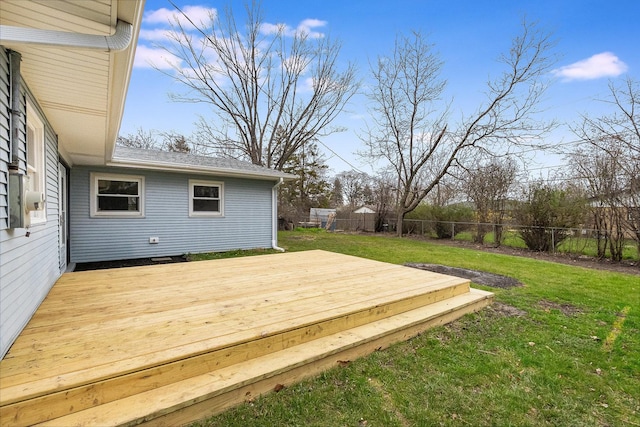 deck featuring a fenced backyard and a lawn