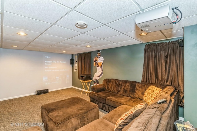 living room with recessed lighting, carpet flooring, and baseboards