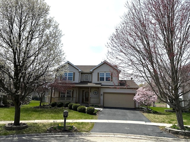 2115 Stafford Ct, Plainfield, IL 60586 - traditional-style house featuring a front lawn, aphalt driveway, a porch, and a garage