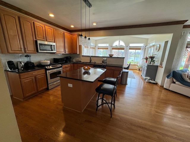 2115 Stafford Ct, Plainfield, IL 60586 - kitchen with stainless steel appliances, brown cabinetry, a breakfast bar area, and dark wood-style flooring