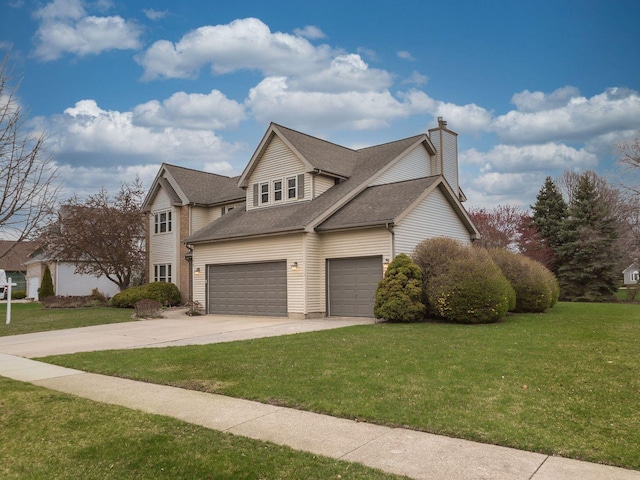 view of front facade featuring concrete driveway, a chimney, a shingled roof, an attached garage, and a front yard