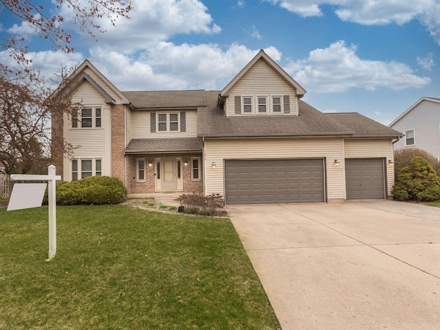 traditional-style home with concrete driveway, brick siding, an attached garage, a shingled roof, and a front yard