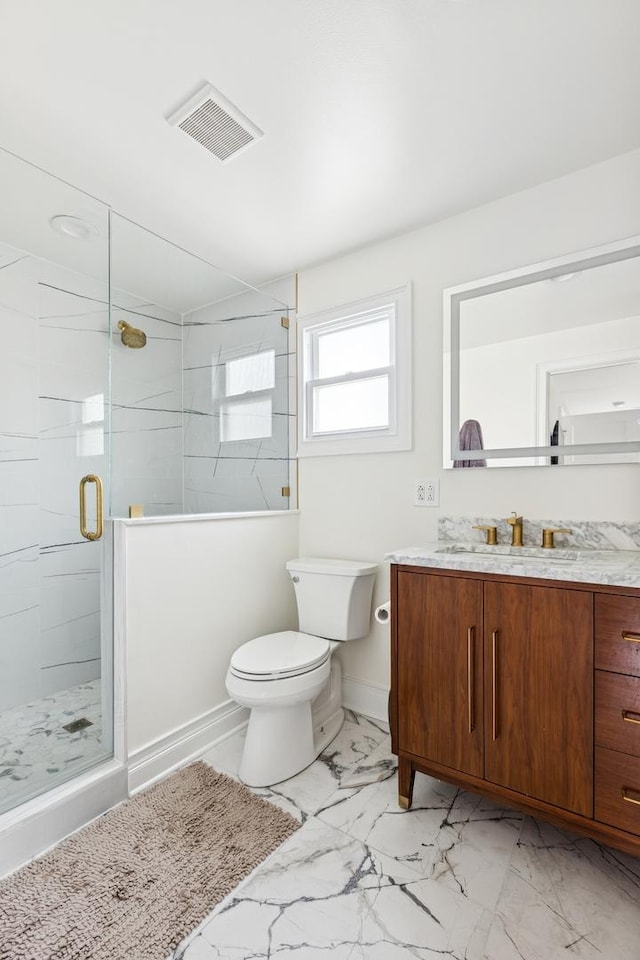 4825 W Ainslie St, Chicago, IL 60630 - bathroom featuring vanity, marble look tiles, and a stall shower