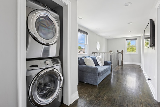 4825 W Ainslie St, Chicago, IL 60630 - washroom with stacked washer and clothes dryer, wood finished floors, and recessed lighting