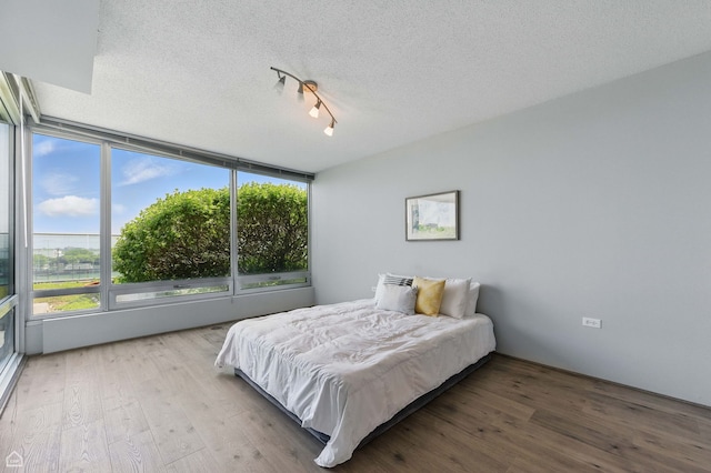 9715 Woods Dr Unit 805, Skokie, IL 60077 - bedroom with multiple windows, a textured ceiling, wood finished floors, and rail lighting