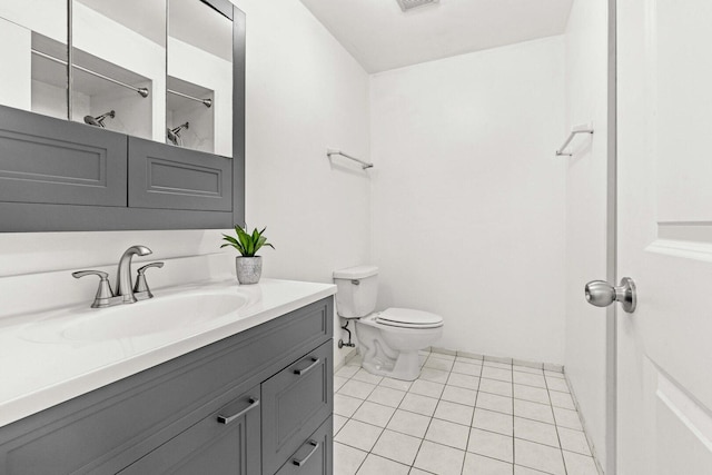 bathroom with vanity, a shower, toilet, tile patterned flooring, and visible vents