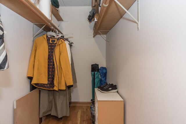walk in closet with wood finished floors