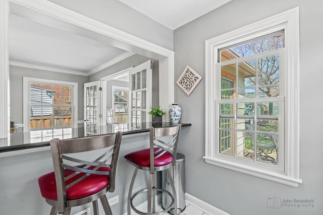 bar featuring ornamental molding, baseboards, french doors, and plenty of natural light