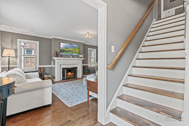 stairs with ornamental molding, wood finished floors, and a fireplace