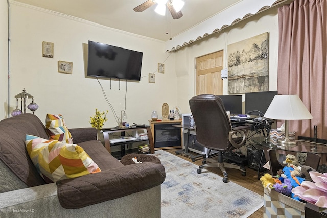 1633 W N Ave, Chicago, IL 60622 - office featuring a ceiling fan, ornamental molding, and wood finished floors