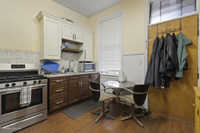 1633 W N Ave, Chicago, IL 60622 - kitchen featuring stainless steel range with gas cooktop, a sink, wainscoting, and dark wood finished floors