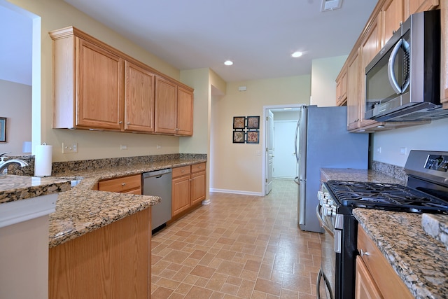 11882 Ludbury, Huntley, IL 60142 - kitchen with stainless steel appliances, baseboards, light stone counters, light brown cabinetry, and recessed lighting