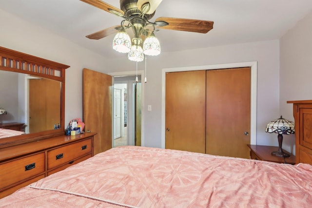 bedroom with ceiling fan and a closet