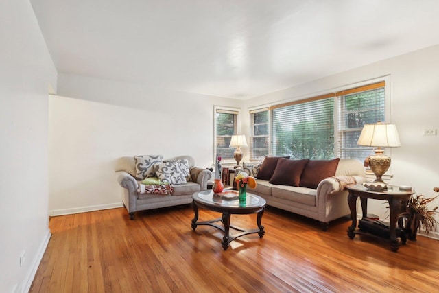 living area featuring hardwood / wood-style floors and baseboards