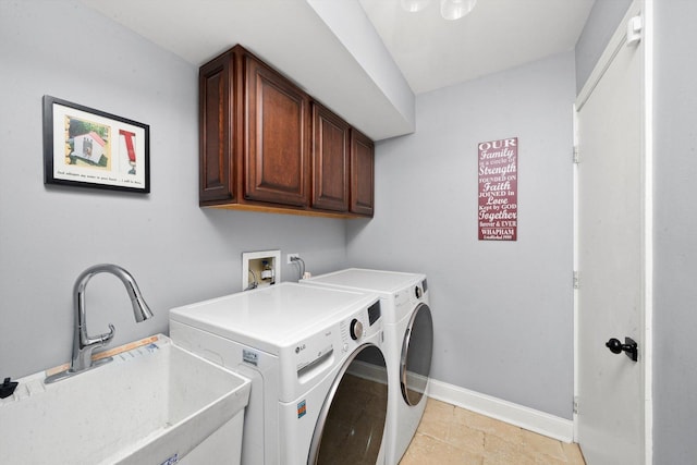 laundry room featuring washer and dryer, a sink, cabinet space, and baseboards