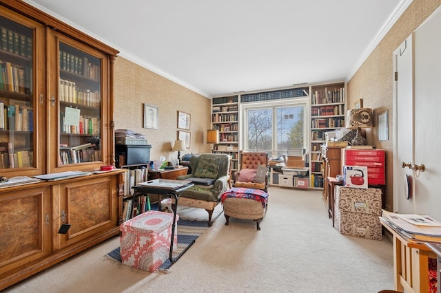 711 Oak St Unit 408, Winnetka, IL 60093 - sitting room with built in shelves, light carpet, ornamental molding, and wallpapered walls