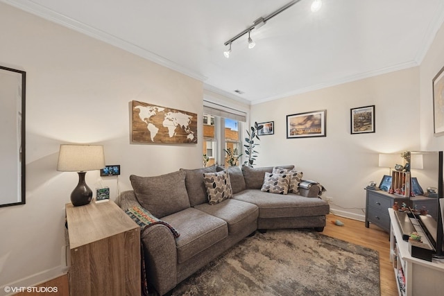 536.5 W Belmont Ave Unit 3N, Chicago, IL 60657 - living room featuring visible vents, baseboards, wood finished floors, crown molding, and rail lighting