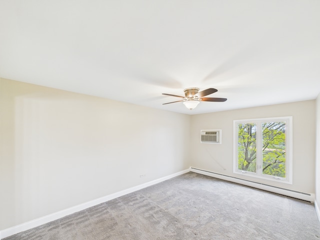 carpeted empty room featuring a baseboard radiator, a ceiling fan, an AC wall unit, and baseboards