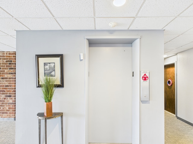 corridor with elevator, a drop ceiling, carpet, and brick wall