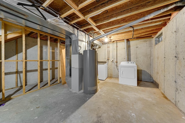 4240 Hearthstone Ln, Belvidere, IL 61008 - unfinished basement with visible vents, independent washer and dryer, water heater, and heating unit