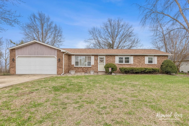 ranch-style home featuring concrete driveway, brick siding, a front yard, and a garage