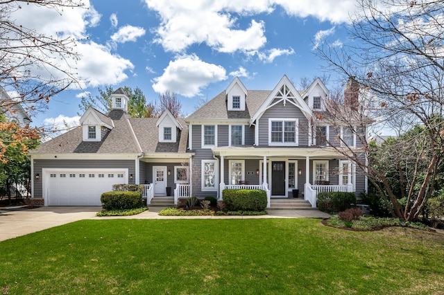 view of front facade featuring a shingled roof, an attached garage, a front lawn, a porch, and driveway
