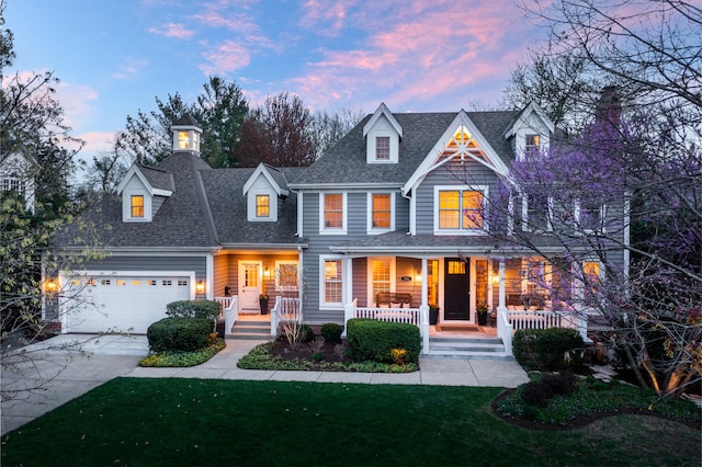 view of front of property featuring covered porch, driveway, a garage, a yard, and a shingled roof