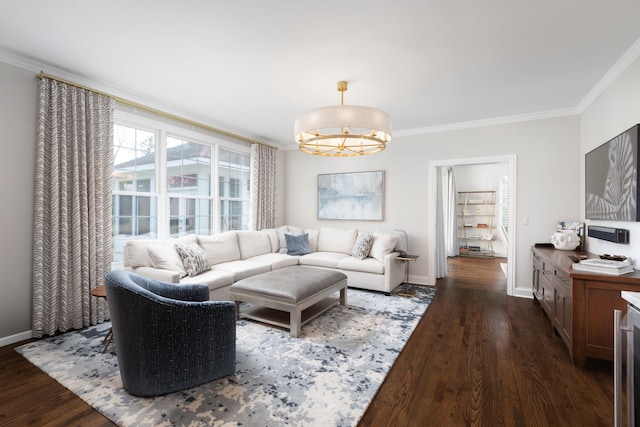 living area featuring baseboards, ornamental molding, and dark wood-style floors