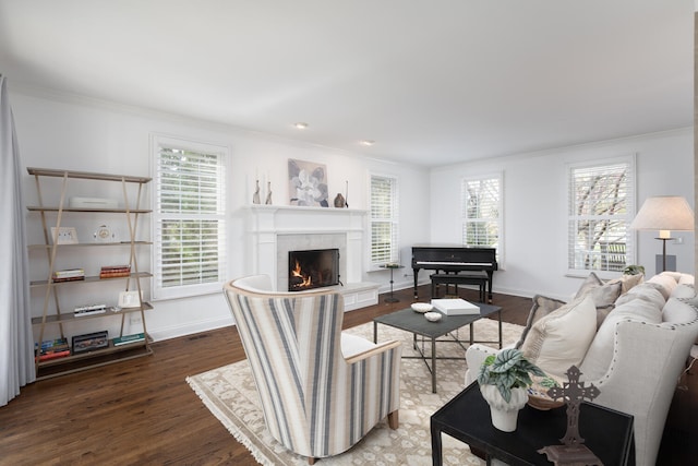 living area with crown molding, baseboards, a warm lit fireplace, and wood finished floors