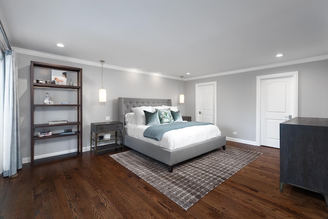 bedroom with crown molding, baseboards, recessed lighting, and dark wood-type flooring