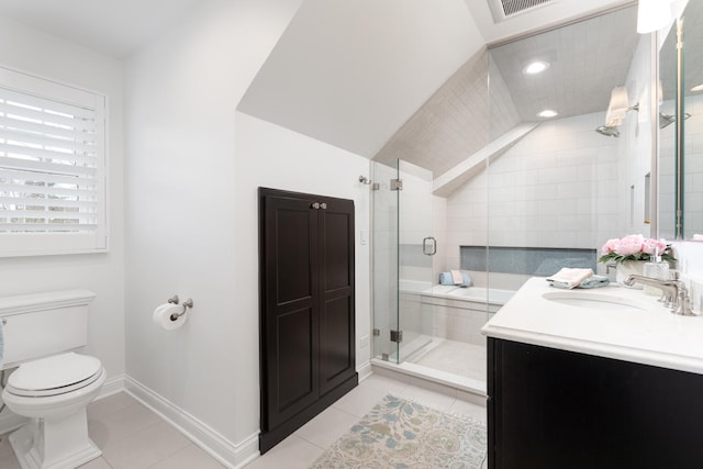 full bath with vanity, tile patterned floors, a shower stall, and toilet