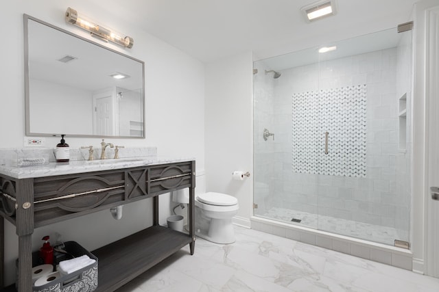 full bathroom with marble finish floor, a shower stall, toilet, and visible vents