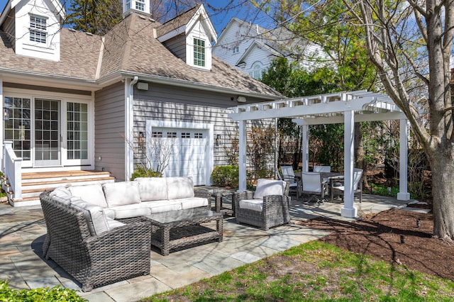 view of patio with an outdoor hangout area, a pergola, and outdoor dining area