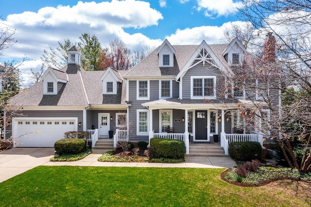 view of front of home featuring a shingled roof, a garage, a porch, a front yard, and driveway