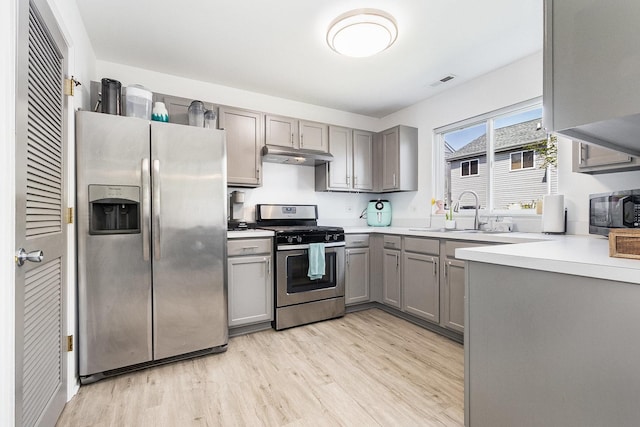 611 Cedar Ct, Romeoville, IL 60446 - kitchen with appliances with stainless steel finishes, a sink, gray cabinets, under cabinet range hood, and visible vents