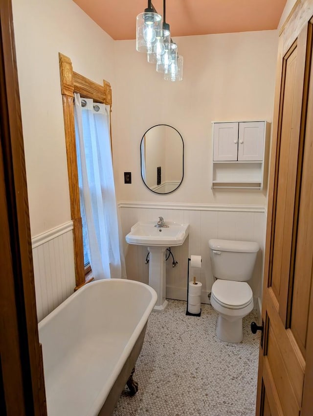 907 W Church St, Champaign, IL 61821 - full bathroom featuring toilet, wainscoting, a freestanding bath, and a sink