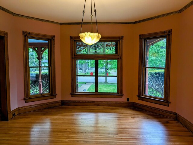 907 W Church St, Champaign, IL 61821 - unfurnished dining area with light wood finished floors, crown molding, and baseboards