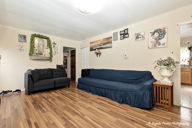 living area featuring ornamental molding and light wood-style flooring