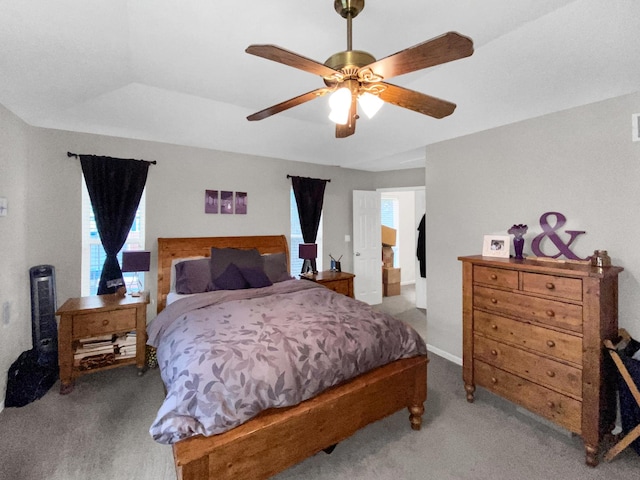 bedroom featuring carpet, visible vents, a ceiling fan, and baseboards
